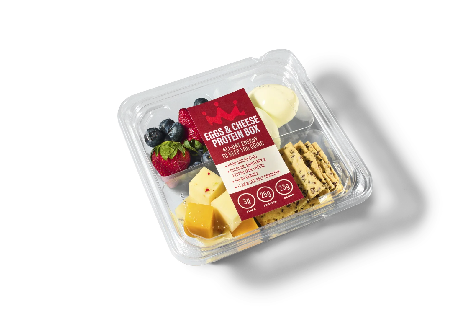 Eggs & cheese protein box with berries, hard-boiled eggs, cheese, and crackers from Smoothie King