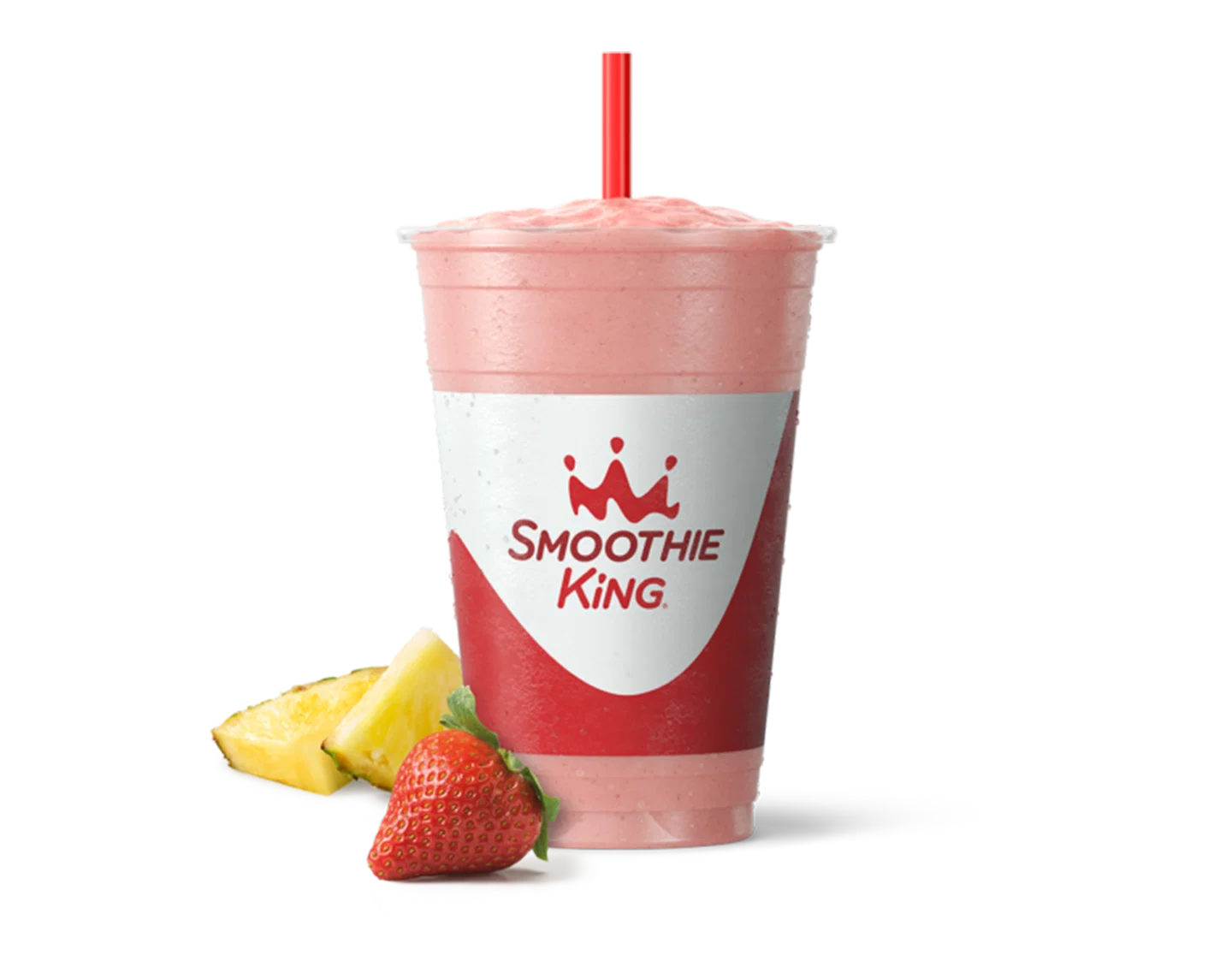 A strawberry pineapple smoothie from Smoothie King with fresh fruit beside it
