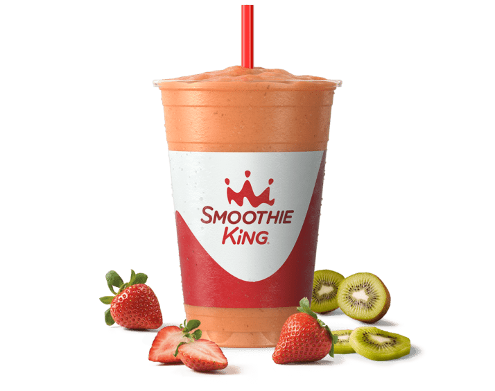 A Smoothie King Strawberry Kiwi Breeze smoothie with seasonal fall fruits